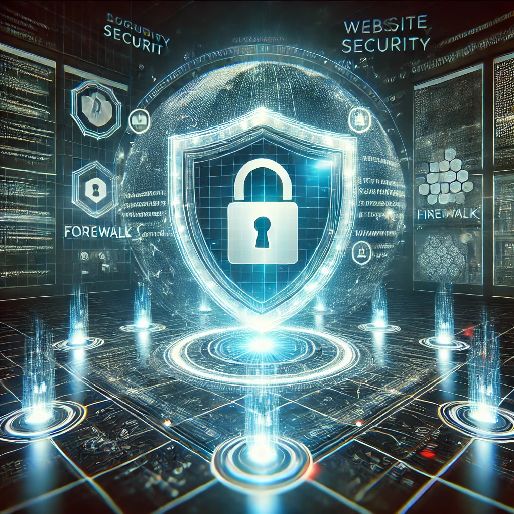 DALL·E 2025 02 08 09.52.13 A futuristic digital illustration representing cybersecurity in website hosting. The image features a glowing shield with a lock icon in the center s