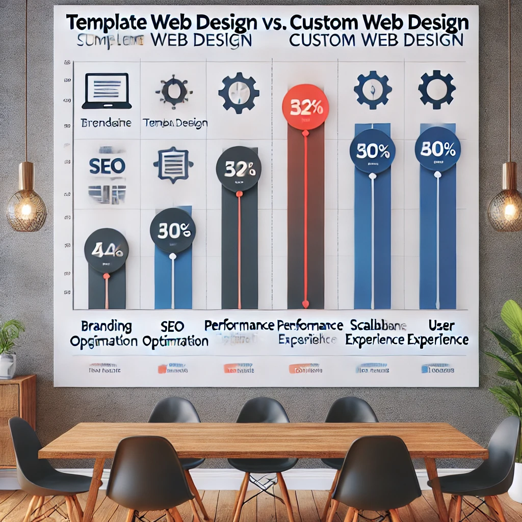 DALL·E 2025 02 10 19.38.35 A professional bar chart comparing template web design vs. custom web design across five key factors Branding SEO Optimization Performance Scalabi