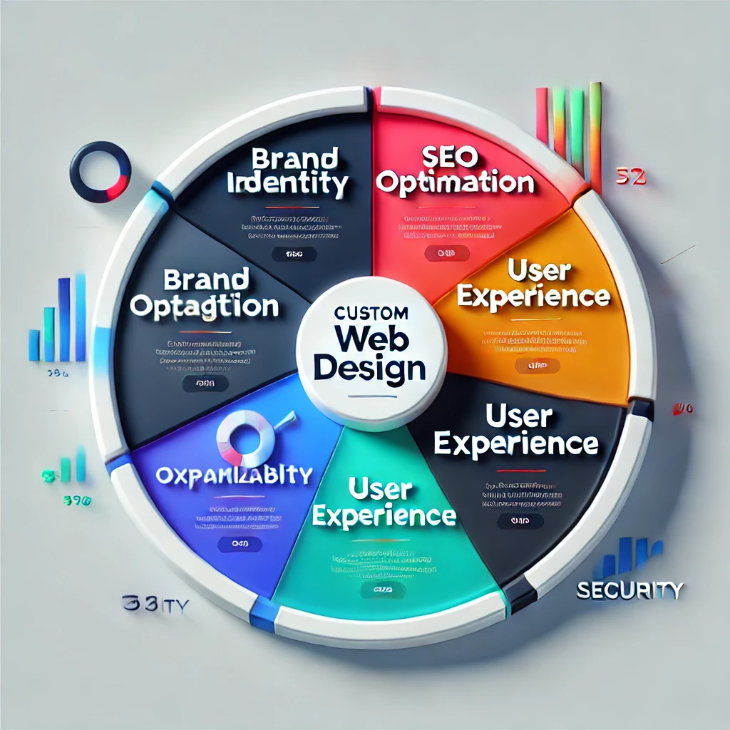 DALL·E 2025 02 10 19.38.53 A modern and professional pie chart highlighting the key features of custom web design. The chart should have five sections labeled Brand Identity S