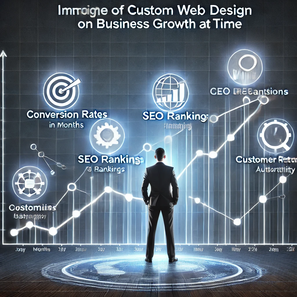 DALL·E 2025 02 10 19.39.01 A professional line graph showing the impact of custom web design on business growth over time. The X axis represents time in months or years and t