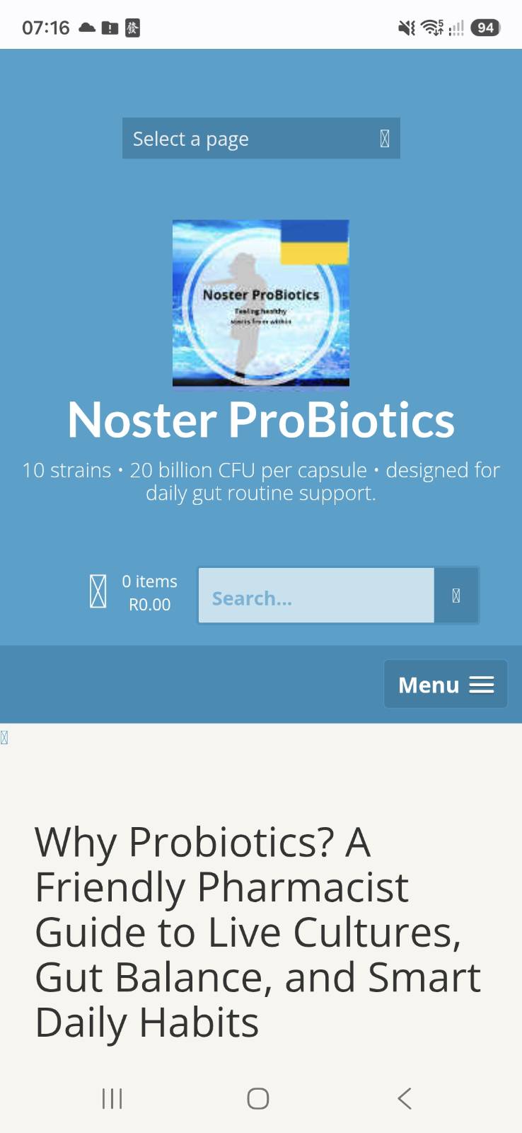 Mobile view of the Noster ProBiotics website